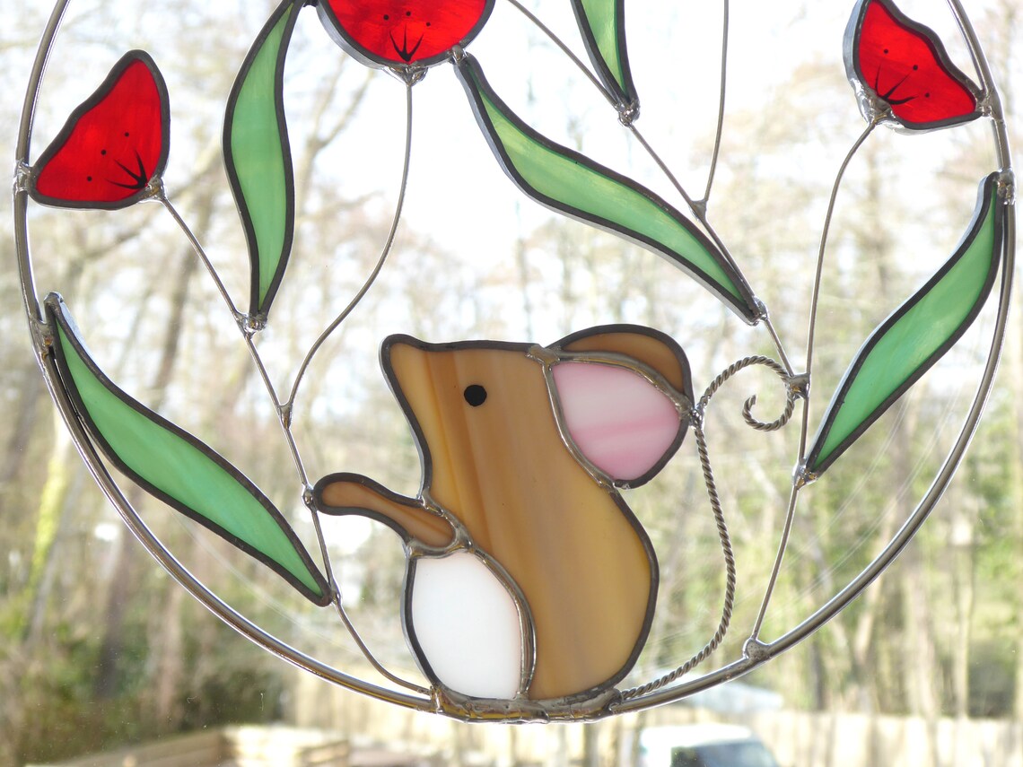 Field Mouse Suncatcher Stained Glass Mouse and Poppies Etsy UK