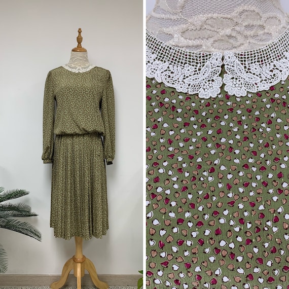 Adorable Vintage Japanese Cotton Lace Collar Drawstring Waist Green Dress Fall Winter Dress Party Dress Made in Japan Size Small Etsy