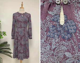 1970s Vintage Japanese Leafy Floral Pattern Purple Dress / Mandarin Collar Dress / Winter Dress / Made in Japan / Size Small / XS