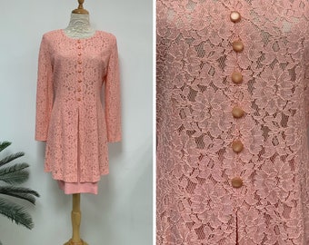 Elegant Japanese Vintage Floral Lace Pink Short Dress / Spring Dress / Party Dress / Cocktail Dress / Made in Japan / Size Small / XS
