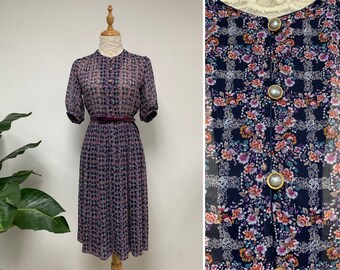 Japanese 70s Vintage Blue Floral Print Dress / Summer Dress / Party Dress / Made in Japan / Size Small / XS