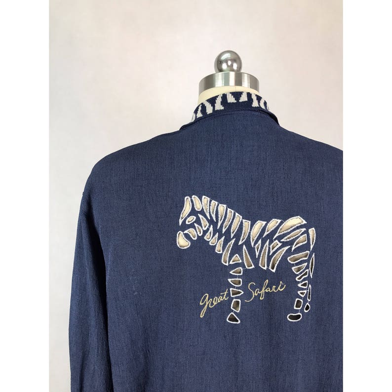Vintage Japanese Zebra Embroidery Safari Print Blouse Animal Print Blouse Blue Blouse Made in Japan Size Large