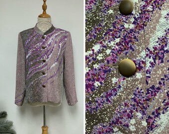 1970s Vintage Traditional Japanese Purple Abstract Floral Blouse / Mandarin Collar Blouse / Winter Blouse / Made in Japan / Size Medium