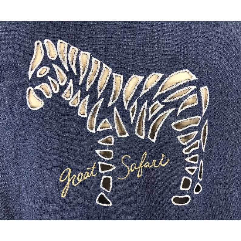 Vintage Japanese Zebra Embroidery Safari Print Blouse Animal Print Blouse Blue Blouse Made in Japan Size Large