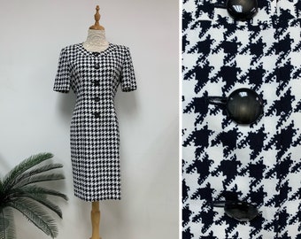 Elegant Vintage Japanese Houndstooth Pattern Dress / Summer Dress / Secretary Dress / Made in Japan / Size Small / XS