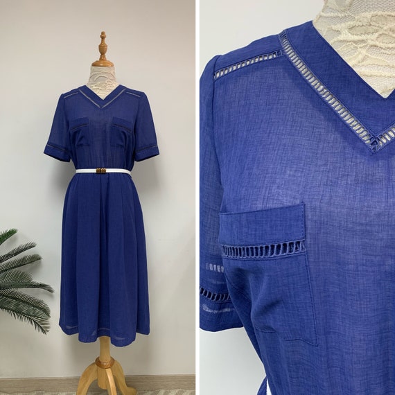 Adorable Japanese Vintage V Collar Blue Dress / S… - image 1