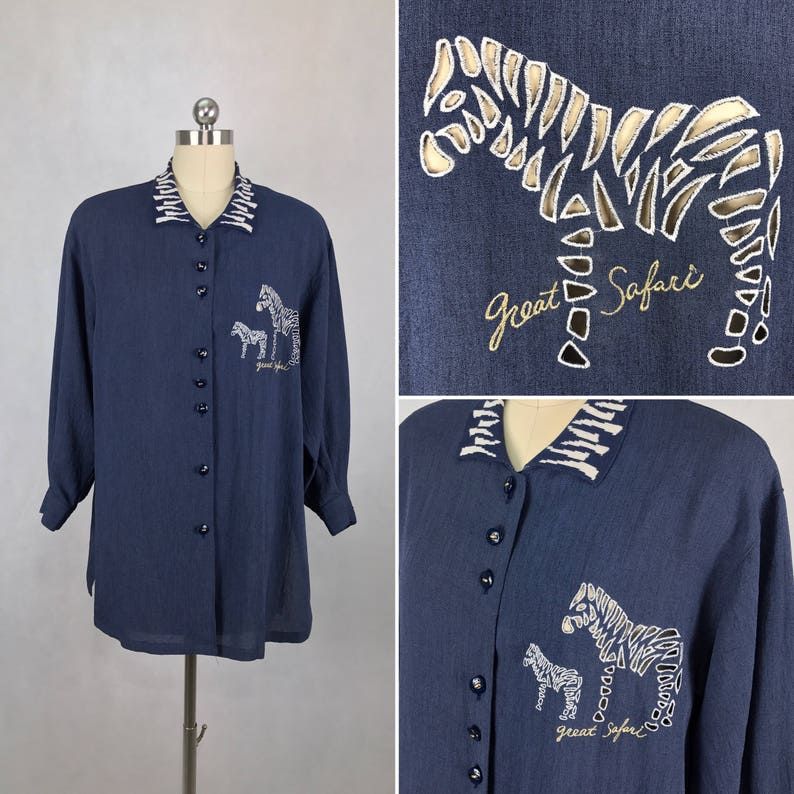 Vintage Japanese Zebra Embroidery Safari Print Blouse Animal Print Blouse Blue Blouse Made in Japan Size Large