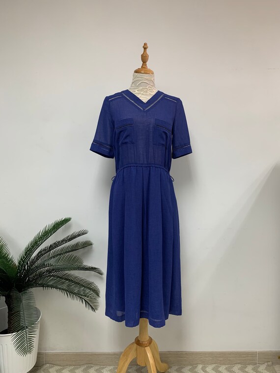 Adorable Japanese Vintage V Collar Blue Dress / S… - image 8