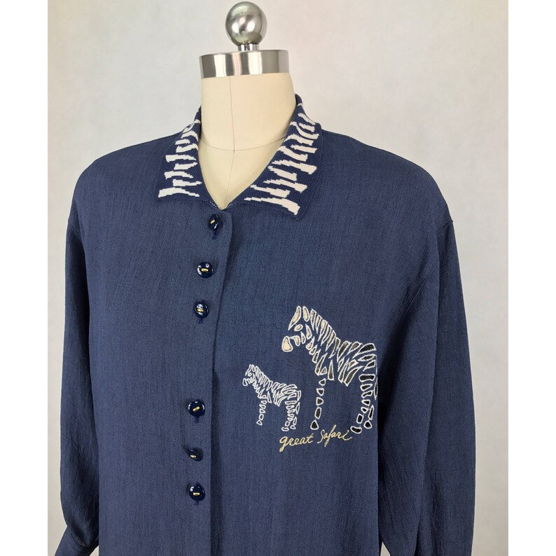 Vintage Japanese Zebra Embroidery Safari Print Blouse Animal Print Blouse Blue Blouse Made in Japan Size Large