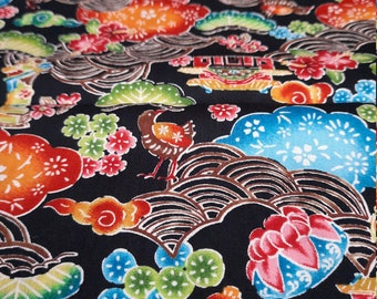 Last Piece.Okinawa pattern.Bingata.Okinawa rail.Flowers.Black background.Japanese fabric.Japanese cotton fabric.Fabric by half yard / meter