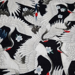 Tsuru (Crane). Cherry blossom. Flowers. Black. White. Japanese fabric.Japanese cotton fabric.Fabric by half yard or half meter