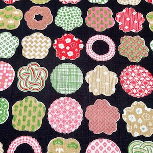 Cherry blossoms. Floral. Pine ( Matsu) Japanese motif. Black background.Japanese fabric.Japanese cotton fabric Half yard/Half meter