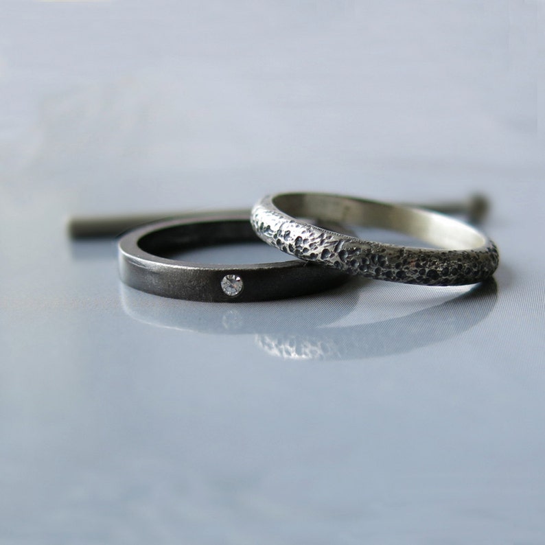 Modern diamond ring, Diamond engagement ring, Alternative wedding ring set, Oxidized ring, Modern engagement ring, Unique wedding ring set image 1