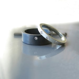 Sterling silver diamond ring set, Silver diamond ring, Matching wedding band set, Couples wedding band, Oxidized silver wedding band