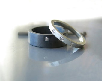 Sterling silver diamond ring set, Silver diamond ring, Matching wedding band set, Couples wedding band, Oxidized silver wedding band