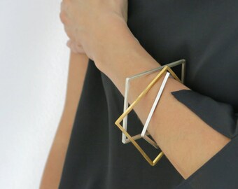 Brazaletes apilables, Pulsera cuadrada de metal mixto, Pulsera geométrica, Conjunto de brazaletes de metal mixto, Conjunto de brazaletes finos, Brazalete cuadrado, Conjunto de brazaletes