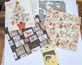May include: Assortment of vintage Christmas wrapping paper and gift tags. The wrapping paper features a black and white pattern with a red car, a Santa Claus pattern, and a pattern with a Christmas tree. The gift tags are gold and feature a Christmas tree and a lock design.