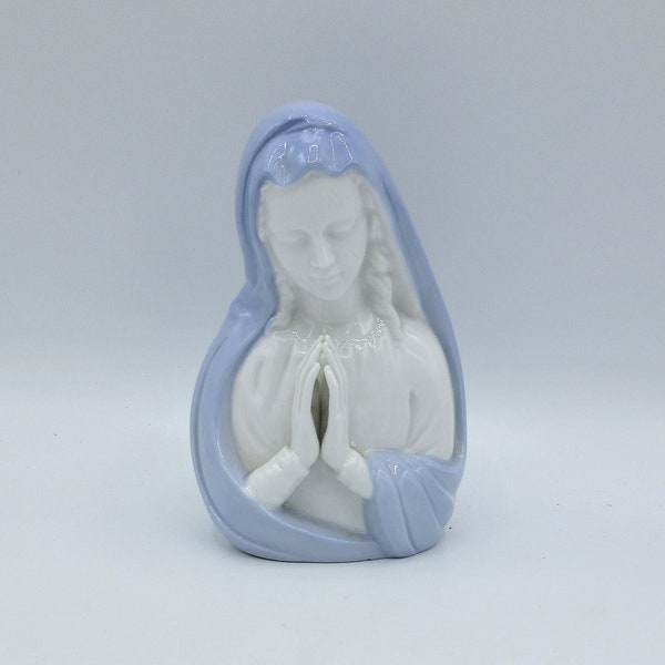 Vintage Virgin Mary- Madonna-Antique- Porcelain- MCM- Mid Century- 1950s- Blue Glazed- Catholic- First Communion-Confirmation- Vase- Planter