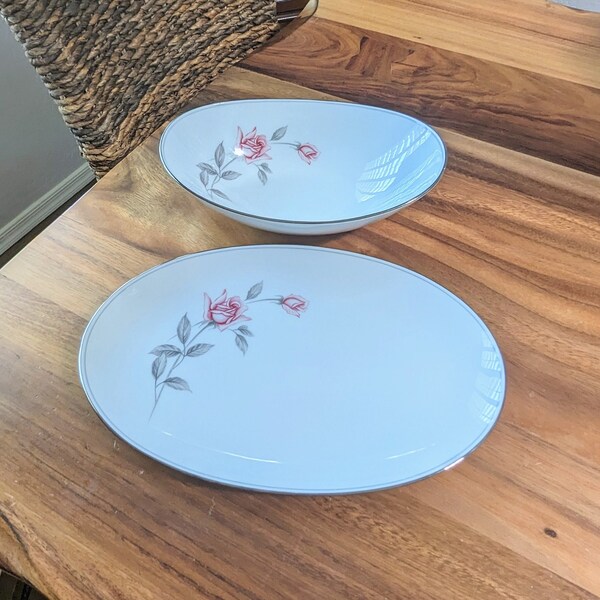 Vintage- Noritake- Platter- Serving Bowl- Set- Rosemarie- Pink- Rose- Silver- Gilding- Gift- 1950- Mid Century- MCM- Mid Mod- Shabby Chic