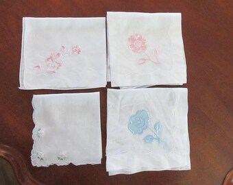 Vintage Handkerchiefs- Multicolored- Set of Four- Sewing- Quilting- Crafts- Embroidered- Pastel- Flowers- Excellent- Hankies-Lot-Mid Century