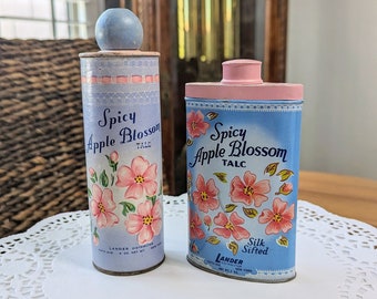 Vintage- Tin- Talc- Lander- Apple Blossom- Bathroom- Bedroom- Decor- Pink- Blue- Shabby Chic- Retro- Advertising- Farmhouse- Collector- Gift