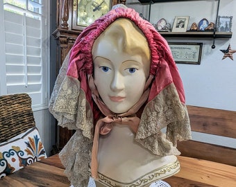 Antique- Victorian -Adult Size- Night- Cap- Ribbon- Silk- Lace- Costume- Historical- Excellent - Handmade- Collector- Original- Hat- Pink