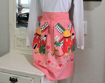 Red Half Apron 1960 Embroidered Trim Pennsylvania Dutch Design Country Retro Kitchen Kitsch