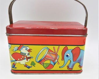 Antique- Tin- Animal- Lunch-  Box- Child- Excellent- Art Deco- Pail- 1920- 1930- Litho- Toy- Collector- Storage- Circus - Animals- Kitsch