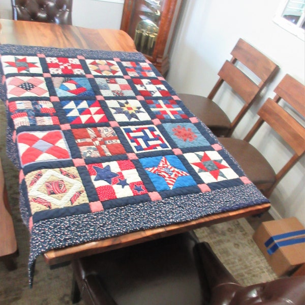 Vintage Quilt- Cotton- Sampler- Red White Blue- Patriotic- Americana- Collector- Retro- Unique- OOAK- One of a Kind- Machine- Gift- July