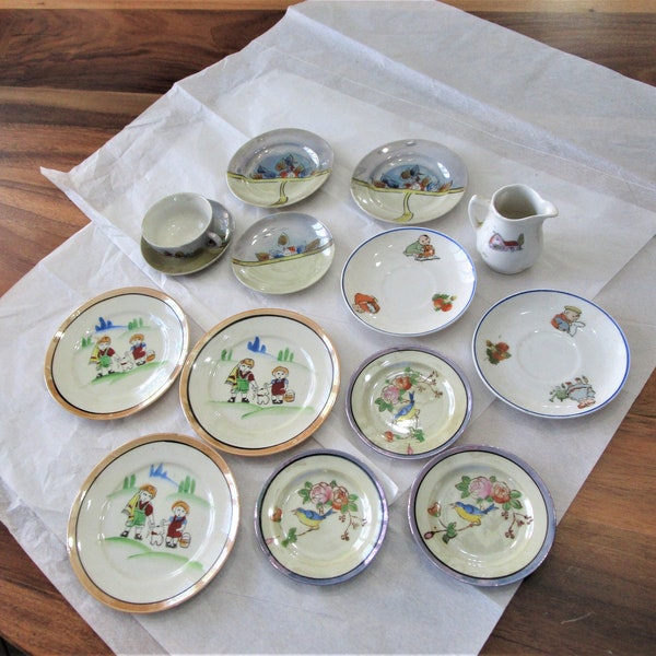 Antique Porcelain- Child- Tea Set- 14 Piece- Various Patterns- Happy Fats- Collector-Doll Display- Toys-Crafting- Circa 1920-30s