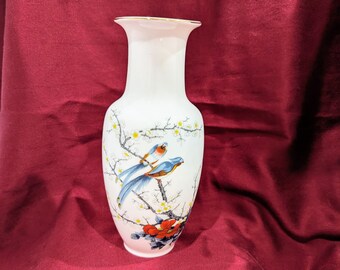 Vase- Vintage- Porcelain- Excellent - Bird- Pair- Parrots- Jay- 1990- Gift- Collector- Modern- Bohemian