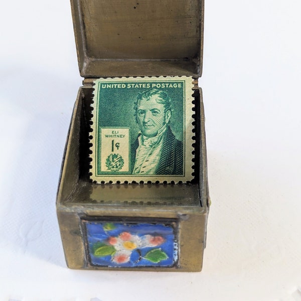 Antique- Vintage- Chinese- Stamp-  Box- Enameled- Cloisonne- Floral- 1 cent Stamp- Eli Whitney- Collector- Gift- Multicolored