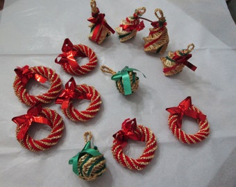 Christmas- Vintage- Ornaments- Hand Made- OOAK- Unbreakable- Basket- Woven- Unique- Lot- Dozen-Kid- Pet- Friendly- Primitive- Farmhouse