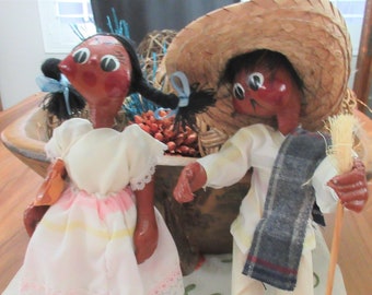 Vintage- Doll- Antique- Hispanic- Mexican- Pair- Leather- Handmade- Hand Painted- Doll Lover- Doll Collector- Mid Century- 1950- 1960