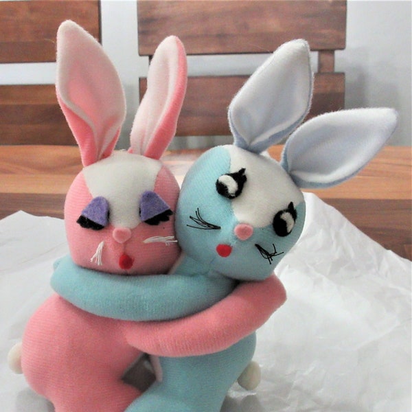 Vintage- Knickerbocker- Rare- Bunnies- Embraceable- Pink- Blue- Rabbits- Spring- Easter- Bunny Lover- Collector- Toy- 1970s- Kitsch