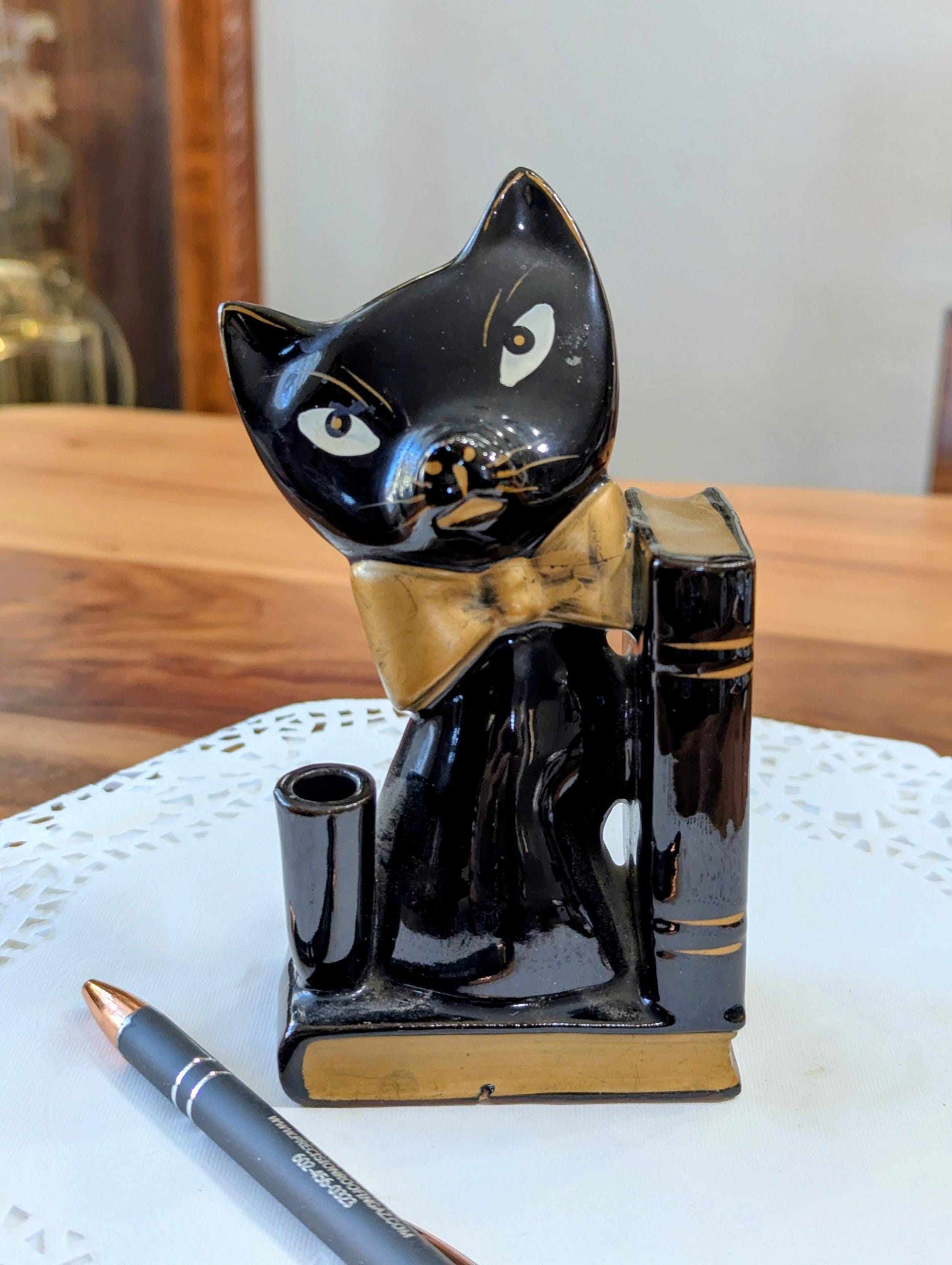 Rare- Vintage- Black- Cat- Bookend- Pen Holder- Japan- Redware