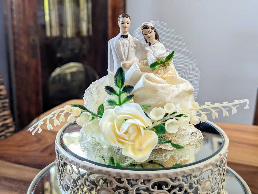 Antique- Vintage- Wedding- Cake- Topper- Satin- Roses- Bride- Groom ...