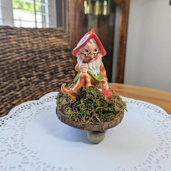 Vintage- Gnome- Handmade- OOAK- One of a Kind- Kitsch- Earth Tones- Figurine- Multi Colored- Mid Mod - Unique- Gift- Collector- Mushroom