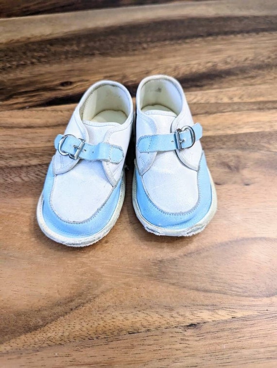 Baby Shoes- Vintage- Boys- Leather- Blue White- Pr