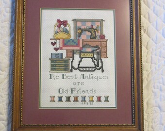Vintage -Needlepoint- Framed - Matted- Antiques- Singer- Sewing Machine- Seamstress- Quilter- Crafter- Handmade- Gift- Craft Room- Décor