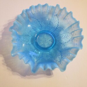 Antique -Glass- Blue- Collectible - Opalescent- Ruffle- Edge- Chipped- Candy Dish- Un marked- Fenton?