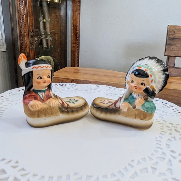 Vintage- Lefton- Indians- Native American- First Peoples- Children - Kitschy- 1950s - Mid Century- Collector - Salt and Pepper - Shakers