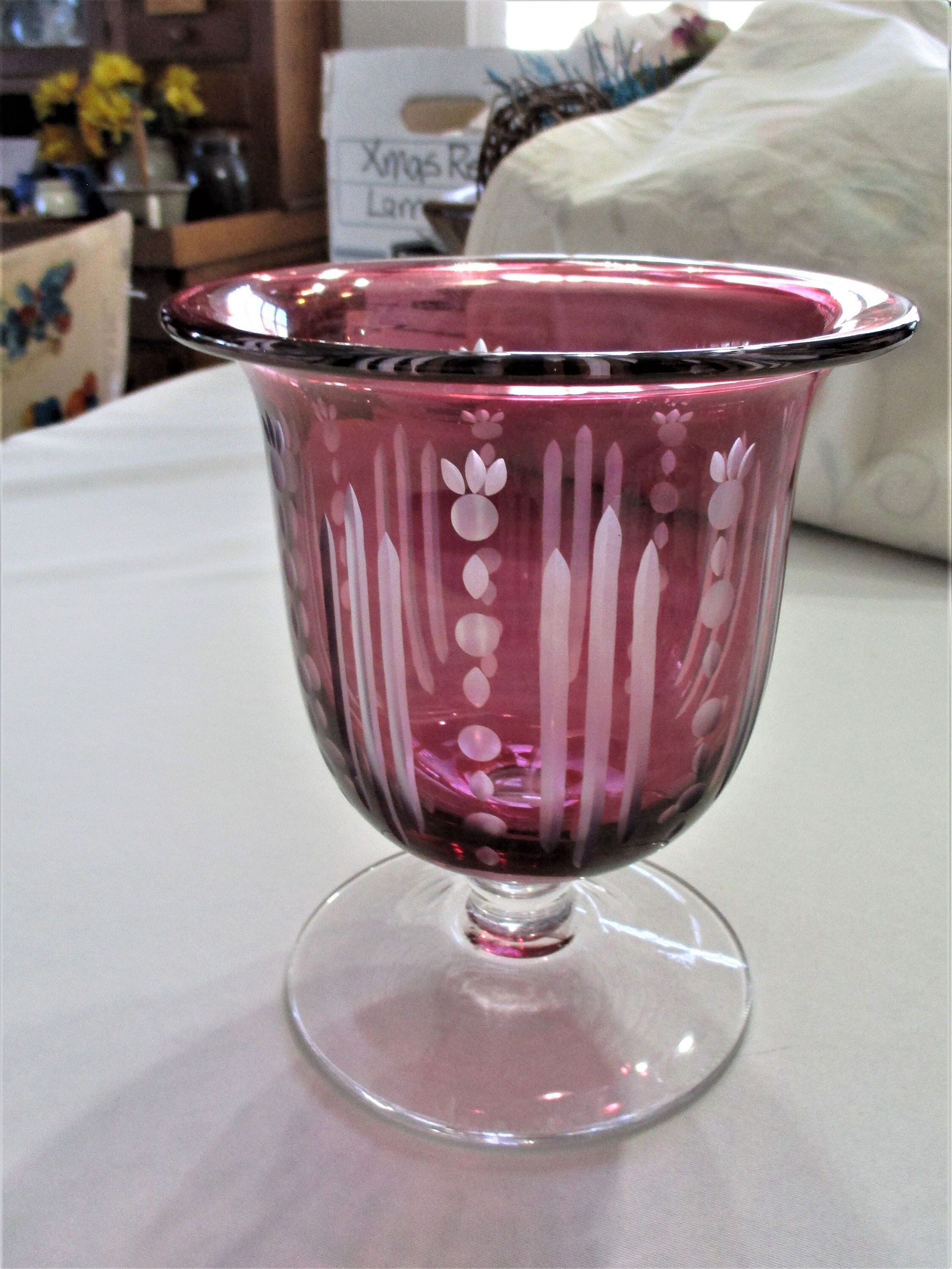 Set of 2 Cranberry Cut to Clear Bohemian Cased Glass Wine Goblets —  East2West Furniture