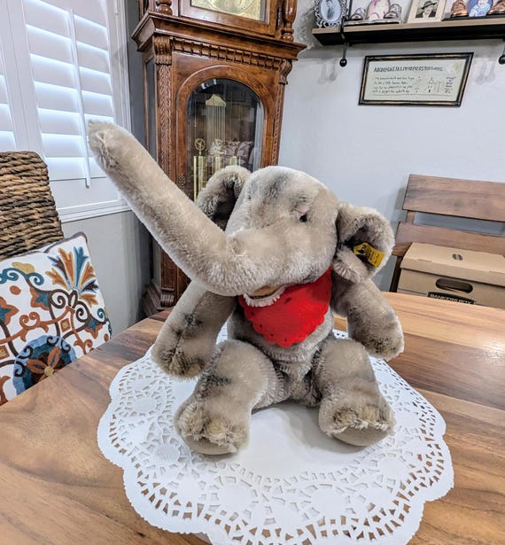 Vintage- Steiff- Elephant- Mohair- Germany- Antique- 1952- Button- Ear- Toy- Plush- Kitsch- 9 Inches- Mid Mod- Mid Century- Collector- Gift