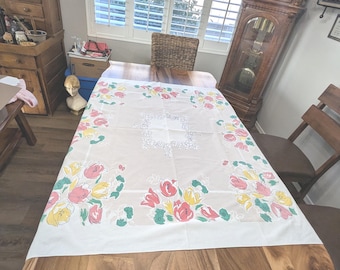 Vintage- Tablecloth- Rose- Pink- Yellow- Cotton- Mid Mod- Rectangle- Mid Century -Country- Farmhouse- Table- Decor- Shabby Chic- Simtex
