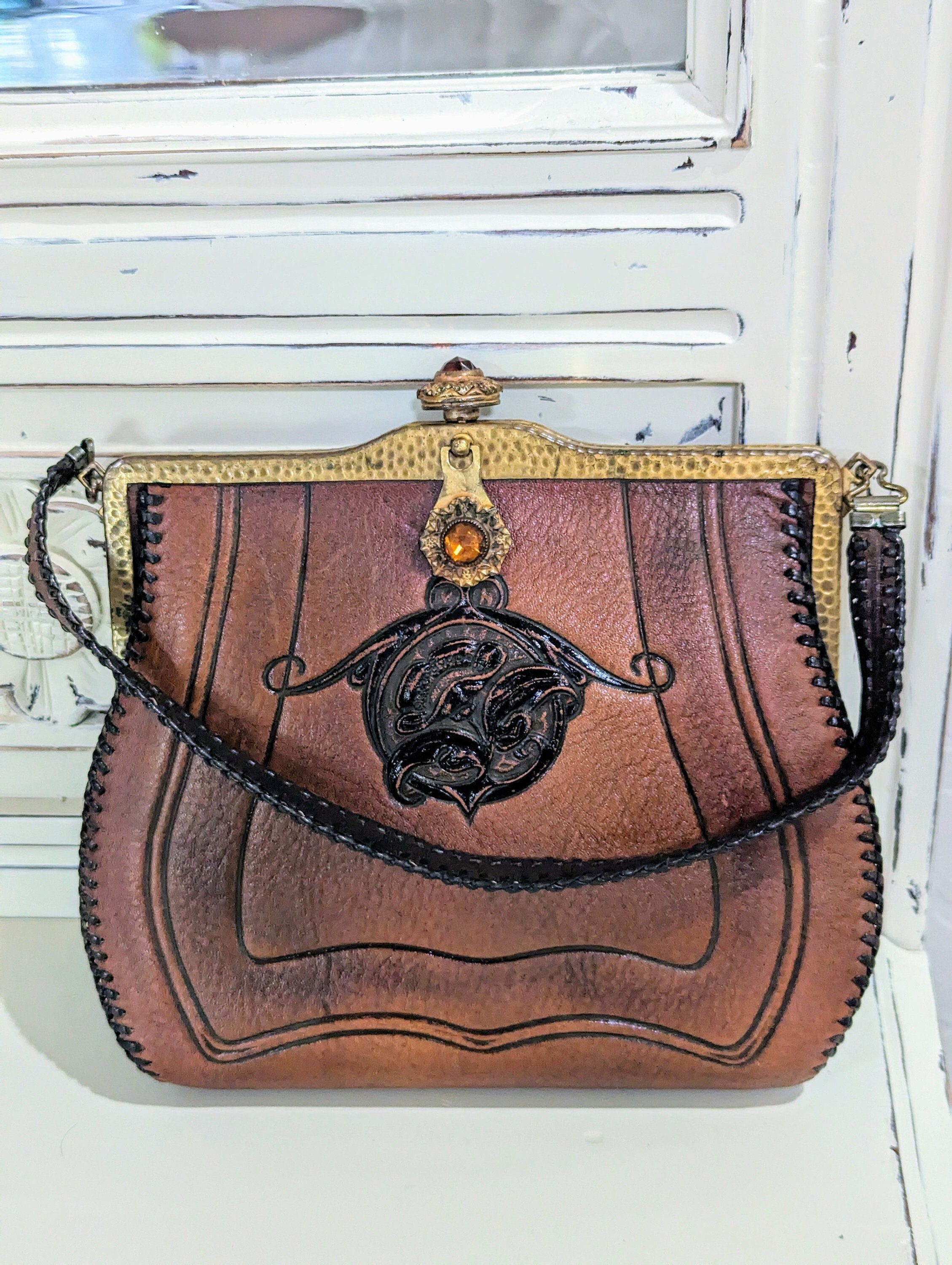 Rare- Antique- Art Nouveau- Purse- Leather- Hand Tooled- Edwardian