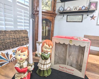 Rare -Star - Christmas- Holiday- Candle- Holders- Japan- Mid Century- Retro- Decor- Kitsch- Pair - Girl - Boy - Gift- Collector- Ceramic-