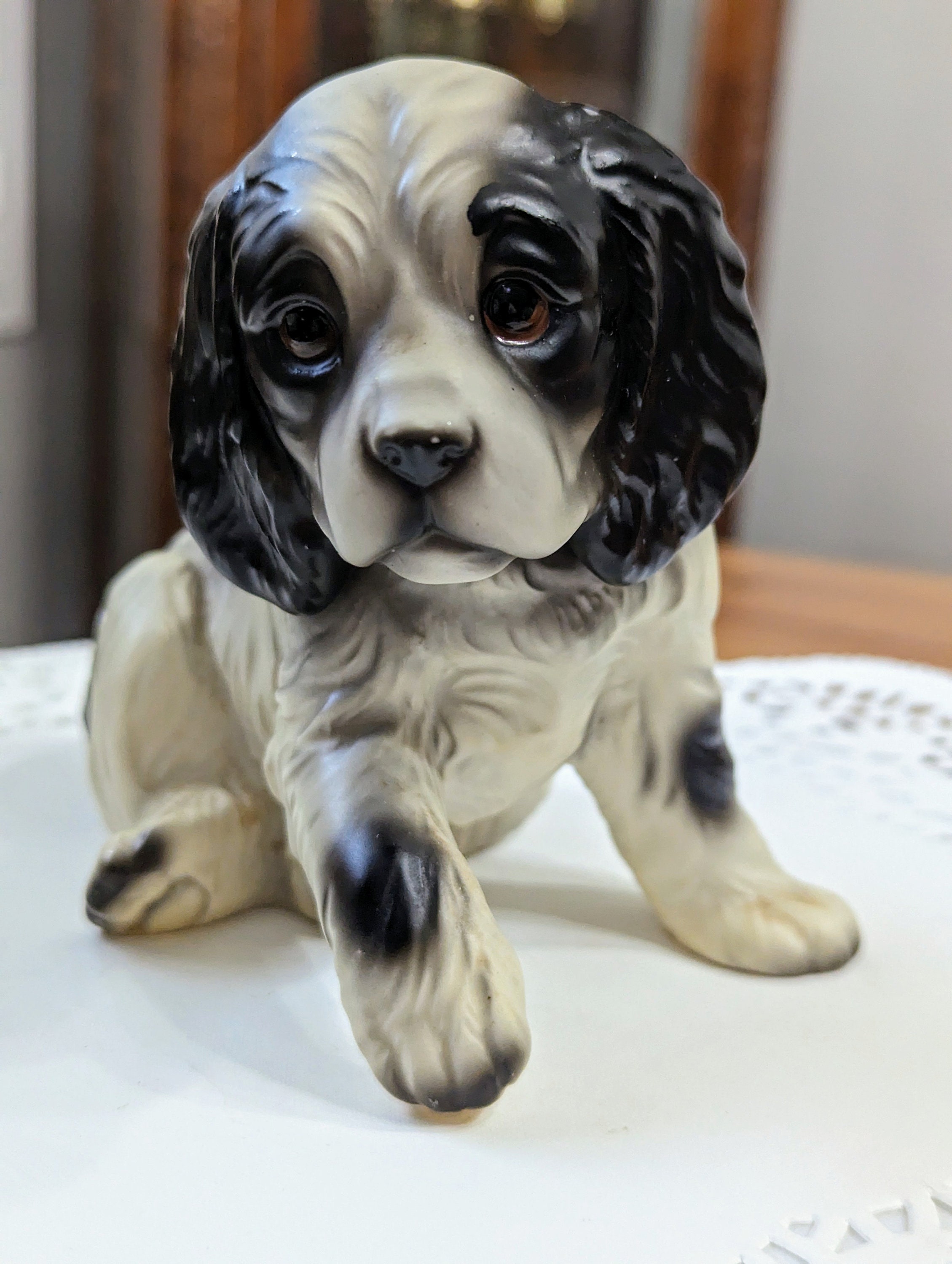 Vintage -spaniel- Figurine- Porcelain- Black- White- Kitsch- Dog