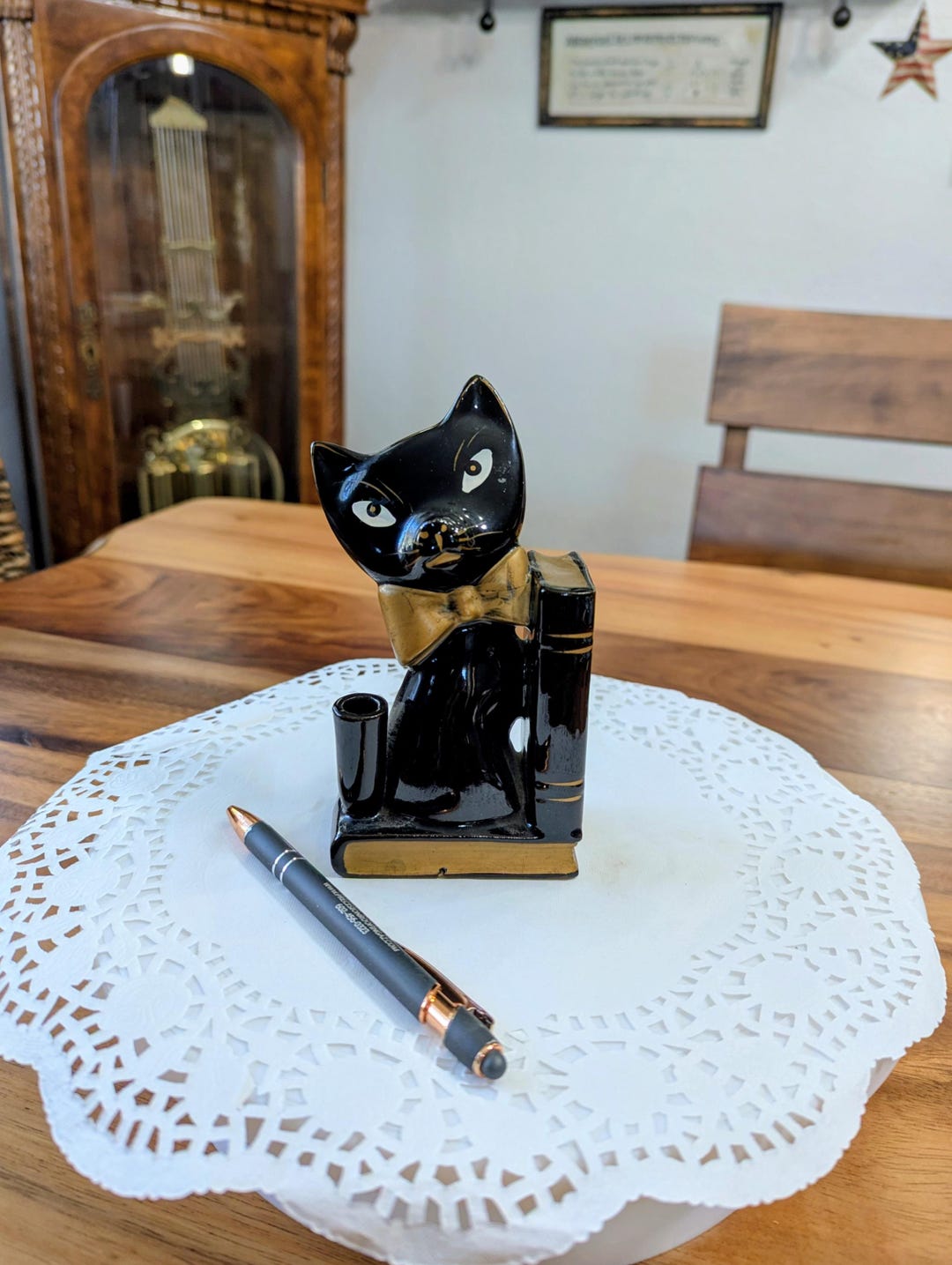 Rare- Vintage- Black- Cat- Bookend- Pen Holder- Japan- Redware