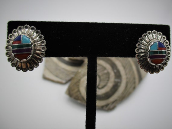 Vintage- Sterling Silver - Earrings- Zuni- Multic… - image 9